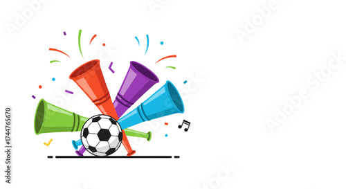 Celebrate the excitement of a soccer game with colorful horns and confetti.