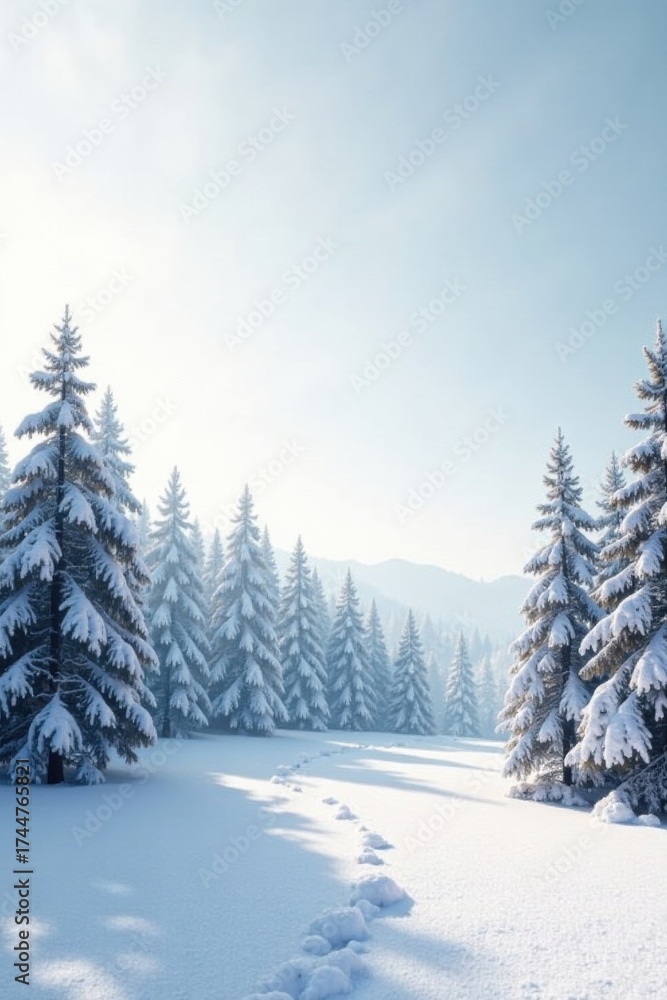 Fototapeta premium Serene Winter Wonderland Snow-Covered Coniferous Forest Path with Footprints in the Pristine Snow