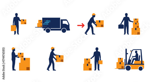 Illustrations of logistics and warehouse operations showing package handling and delivery.