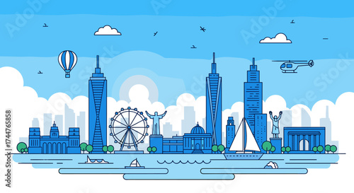 This panoramic cityscape illustrates an urban skyline with diverse architectural styles and recreational elements.