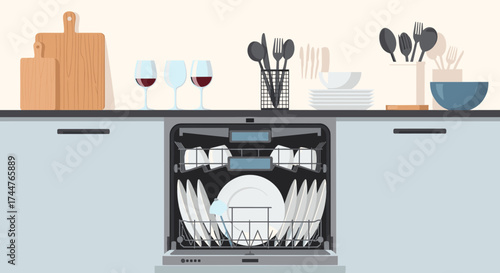 An open dishwasher filled with clean dishes and cutlery on a kitchen counter.
