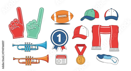 Collection of sports equipment and accessories for fans and athletes celebrating victories.