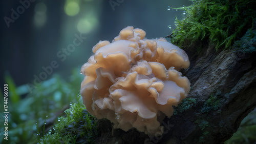 Ethereal Tremella Fuciformis on Mossy Forest Trunk