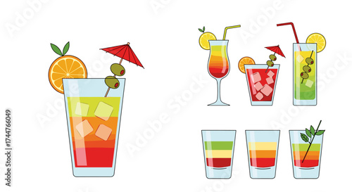 A vibrant collection of colorful cocktails and layered shots perfect for a festive occasion.