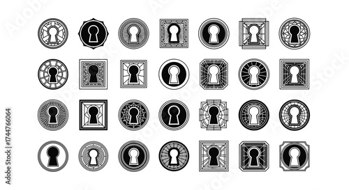 A diverse collection of ornamental vintage keyhole icons with intricate decorative borders.