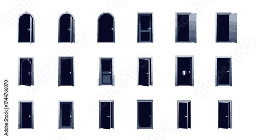 A collection of various types of doors in different states of being open or closed on a white background.