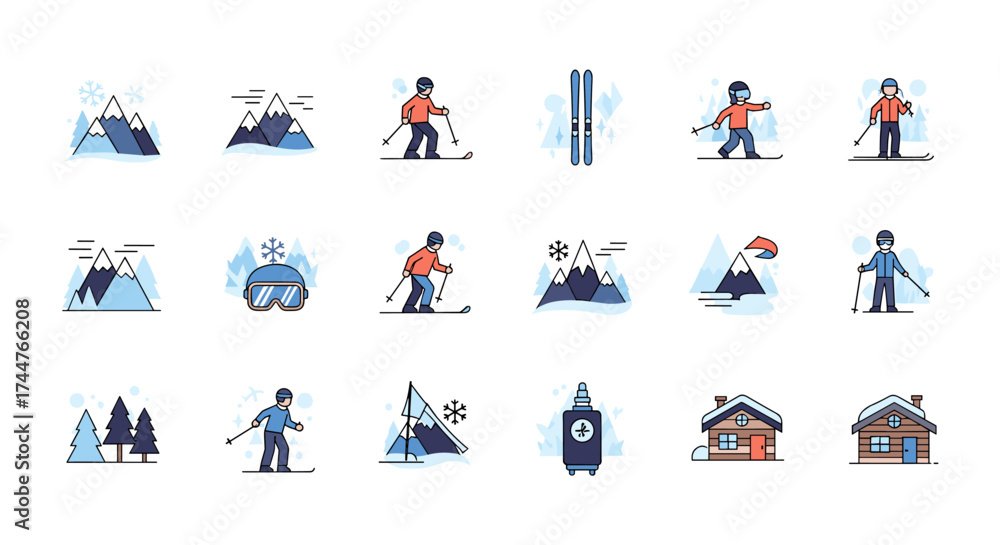 Fototapeta premium A Collection of Winter Sports and Mountain Icons Representing Skiing and Snow Activities.