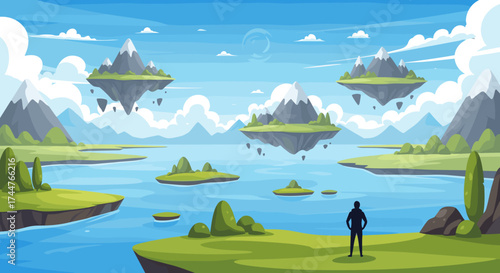 A lone adventurer gazes upon a breathtaking vista of floating islands and tranquil waters.