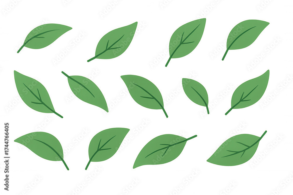 Fototapeta premium Green leaves vector illustration set with a variety of simple foliage elements, transparent background