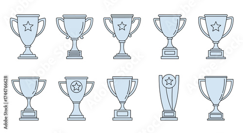 A collection of silver trophy icons with stars and handles arranged in two rows.