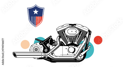 Detailed illustration of a powerful V twin engine with vintage styling and a patriotic emblem.