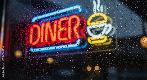 Neon Diner Sign on a Rainy Night Window.
