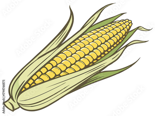 Golden Corn Delight: A vibrant illustration of a fresh ear of corn, bursting with golden kernels, enclosed in delicate green husks, ready for harvest and culinary delights.