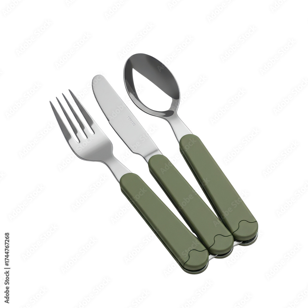 Fototapeta premium Stainless steel portable camping cutlery set with green handles isolated on white.