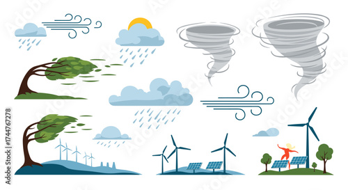 Collection of weather phenomena and renewable energy symbols illustrating atmospheric events and sustainable power generation.