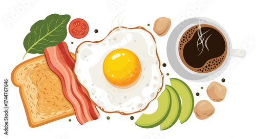 A delightful breakfast spread featuring toast bacon and a sunny side up egg with coffee and avocado slices.