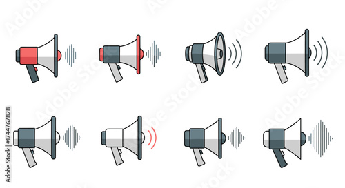 A collection of diverse megaphones emitting sound waves in various styles and colors, representing communication and announcement.