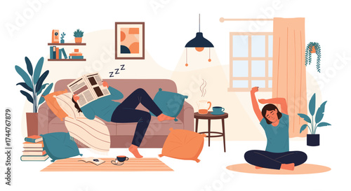 A cozy living room scene with two people relaxing on a couch and floor.