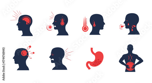 Visualizing common symptoms of illness and discomfort represented by icons.
