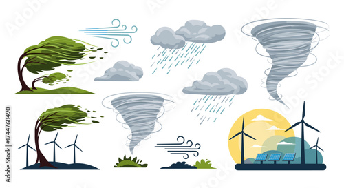 A collection of illustrations depicting various natural weather phenomena including strong winds heavy rain and powerful tornadoes.