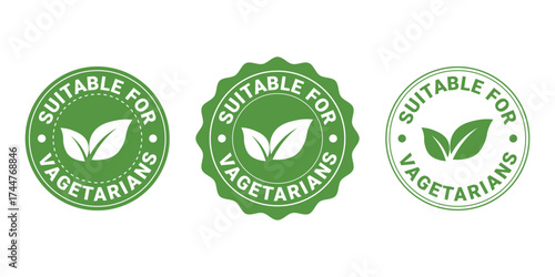Suitable for vegetarians stamp or logo. Green leaves icon sign. Round sticker label for vegetarian food products. Vector illustration
