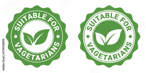 Suitable for vegetarians stamp or label. Green round sticker icon for vegetarian food products with leaf symbol. Vector illustration