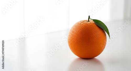 Orange fruit with a green leaf on a white surface.