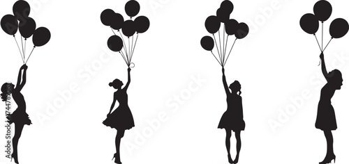 Black and white vector illustration of girls holding bunches of balloons, minimalist silhouette artwork symbolizing freedom, happiness, childhood dreams, hope, and joyful imagination floating in the a
