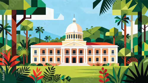 Illustration Of The Palau Capitol Building Surrounded By Tropical Forest Vector Design Template
