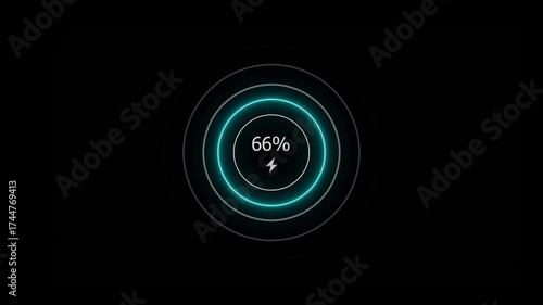 Neon countdown loading icon 0 to 66% battery charging screen animation. 66 percent fast charging icon video.