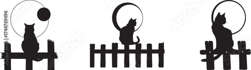 Black and white vector illustration of cats sitting on wooden fences under moonlight, minimalist silhouette artwork symbolizing calm night, mystery, solitude, and peaceful connection with nature