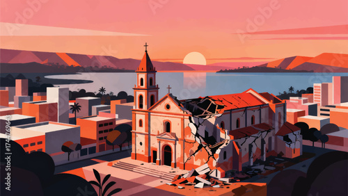 Illustration Of An Old Earthquake Damaged Cathedral With Lake Xolotlan In The Background Vector Design Template