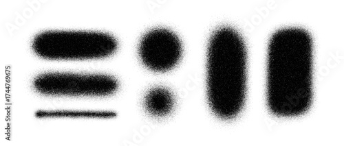 Set of stipple art brush shapes with grain texture and halftone shading. Abstract stipple art vector forms in black and white. Stipple art elements background for design, poster and illustration