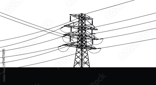 Black silhouette of high voltage power transmission tower with electric lines and insulators on white background for industrial energy design