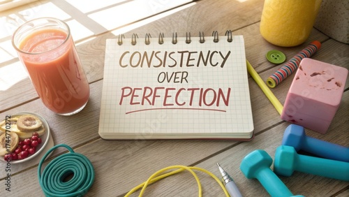 Consistency Over Perfection Motivational Quote on Notebook Surrounded by Healthy Lifestyle Elements and Fitness Tools