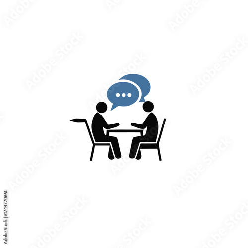 Two people at table icon. Two people at table communicating with each other vector icon silhouette. Discussion. Topic on the table. Vector image for web, advertisement and design . Talking each other.