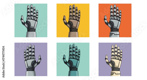 Diverse Array of Robotic Hands A Study in Design and Technology on colorful backgrounds