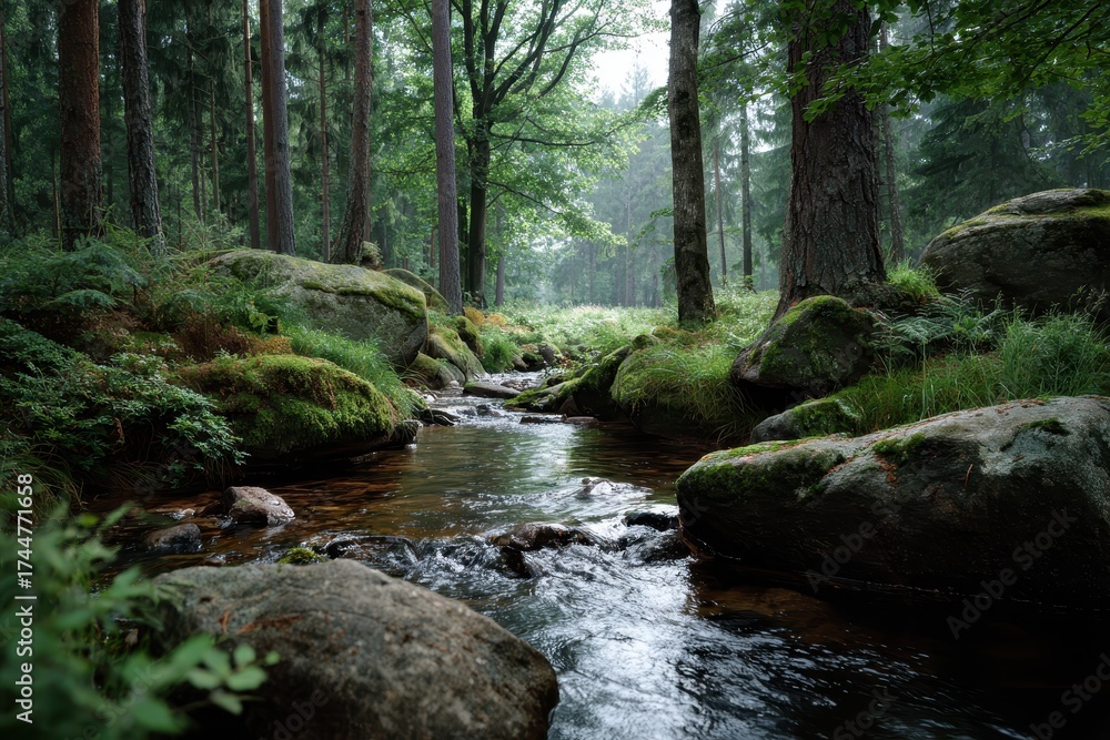Fototapeta premium Tranquil stream flowing through a lush forest with mossy rocks and sunlit trees under a misty sky at dawn