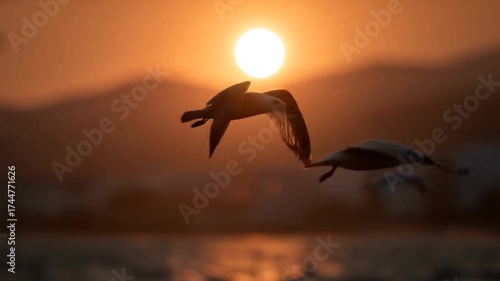 Two seagulls soar gracefully against a vibrant sunset backdrop.