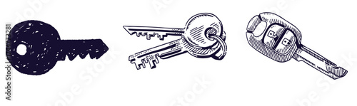 Vector set of hand-drawn antique keys. Illustration in sketch style on white background. Old design