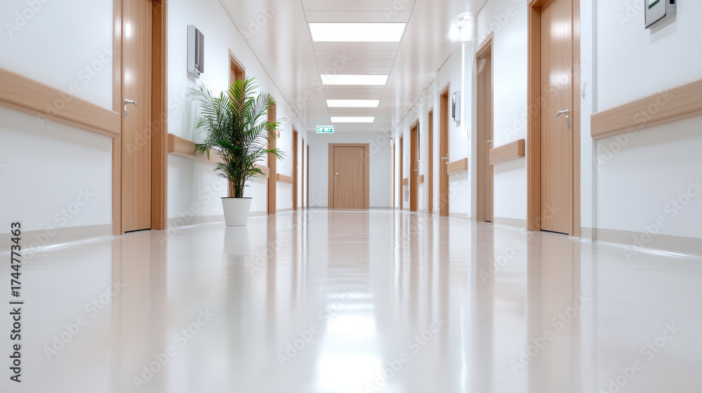 Fototapeta premium Clean hospital corridor with bright lighting and potted plant, creating calm atmosphere