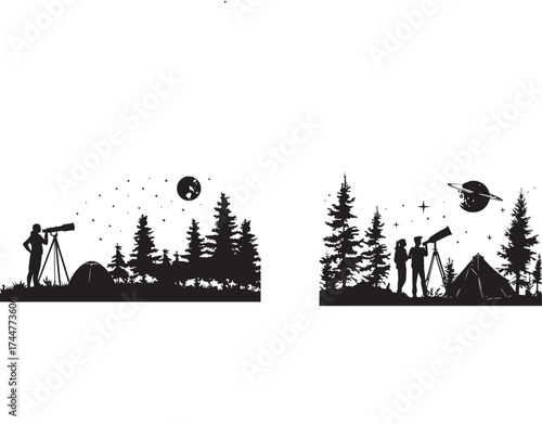 Black and white vector illustration of people stargazing through telescopes beside tents and pine trees under night sky, minimalist camping silhouette artwork symbolizing exploration, peace, nature, a