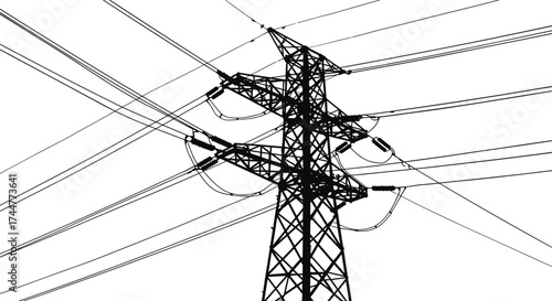 Black silhouette vector of high voltage transmission tower with electric power lines on white background for industrial energy infrastructure concept