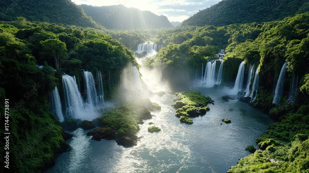 Fototapeta premium Majestic waterfalls cascading into lush green landscape, illuminated by sunlight
