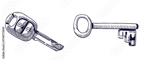 Vector set of hand-drawn antique keys. Illustration in sketch style on white background. Old design