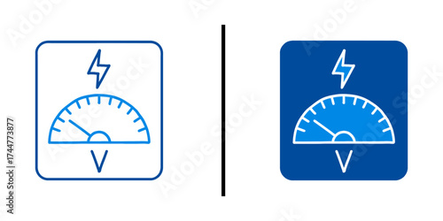Voltage Gauge Icon: A graphic representation of a voltage gauge, rendered in a clean, modern style with blue tones, perfect for illustrating electricity or power concepts.
