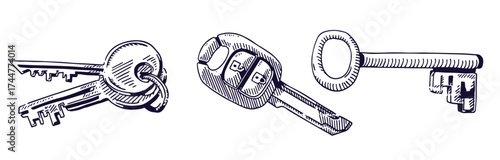 Vector set of hand-drawn antique keys. Illustration in sketch style on white background. Old design