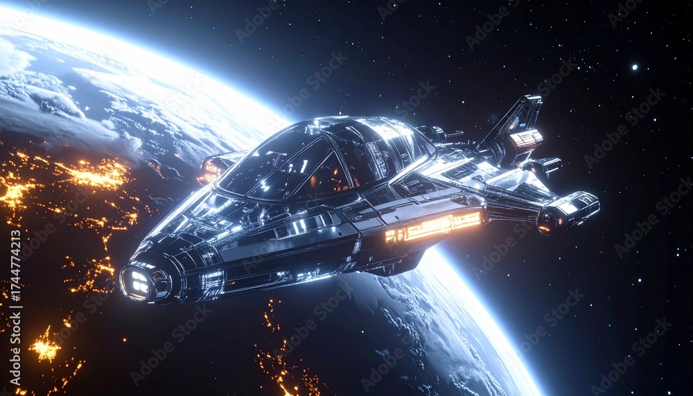 custom made wallpaper toronto digitalA sleek spaceship made of transparent glass and shiny metal, speeding towards a glowing startup planet.