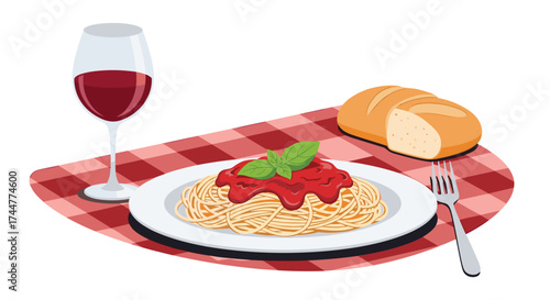 A delightful plate of spaghetti with marinara sauce and fresh basil paired with a glass of red wine and a crusty loaf of bread.