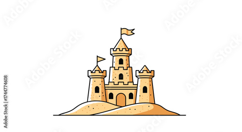 A pixel art sandcastle stands on a small sandy island with flags on its towers.
